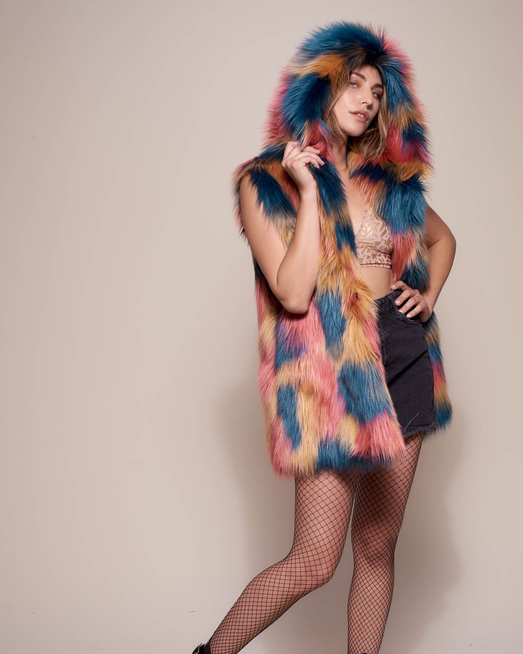 Hooded Faux Fur Vest with American Swallow Design