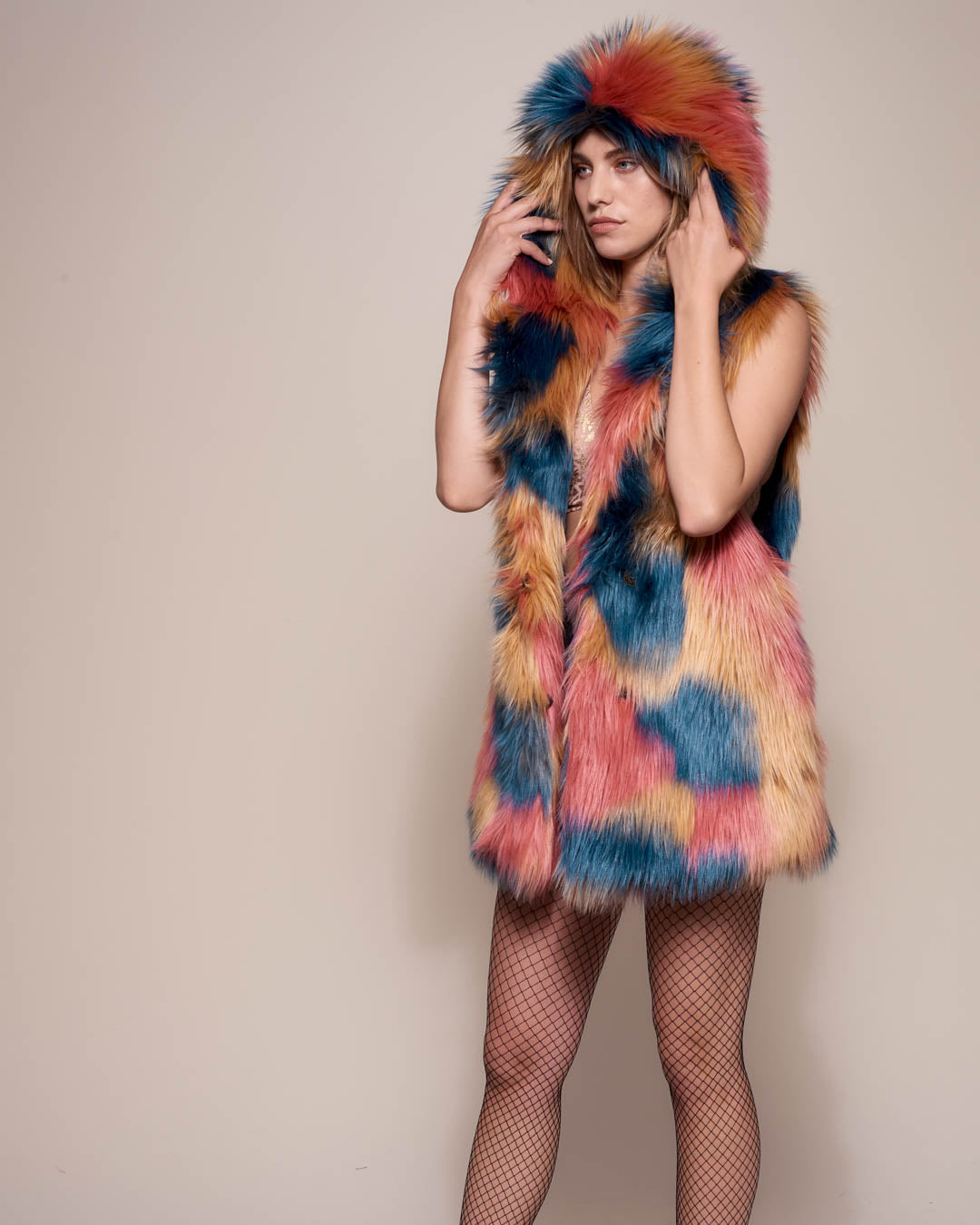 American Swallow Faux Fur Vest with Hood on Female