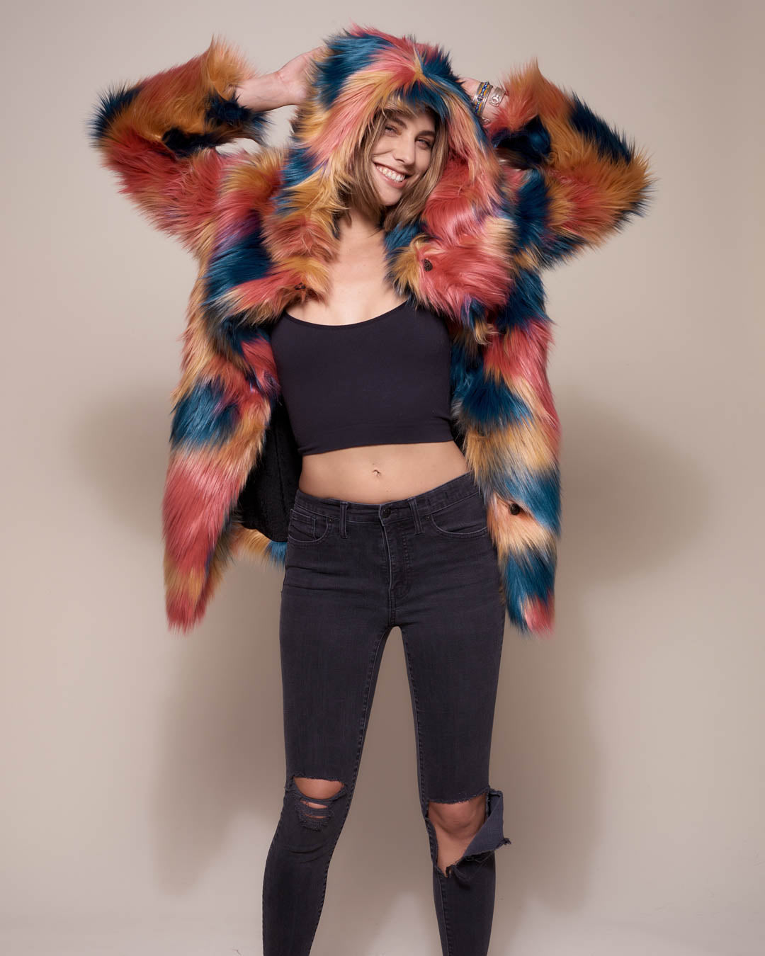 Colorful Hooded American Swallow Faux Fur Coat