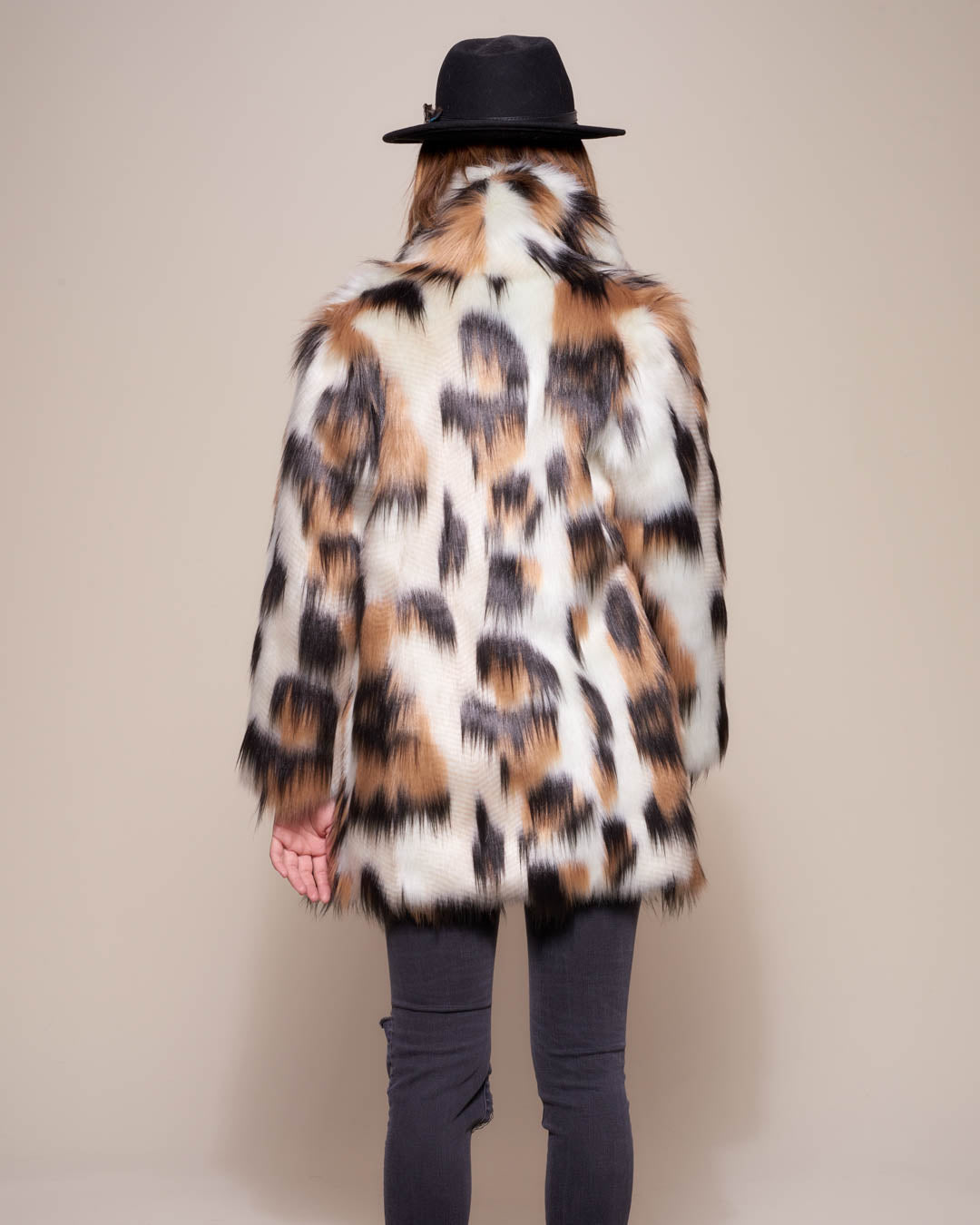 Back View of Manx Cat Collared Faux Fur Coat 