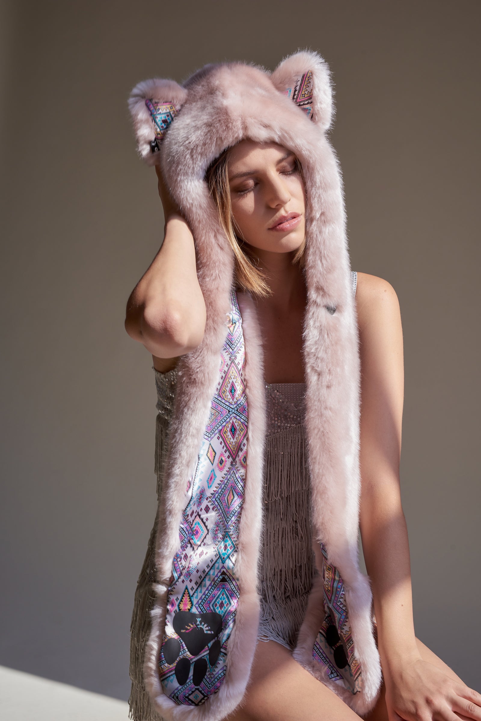 Hooded Rose Quartz Wolf Luxe Collector Edition Faux Fur on Female