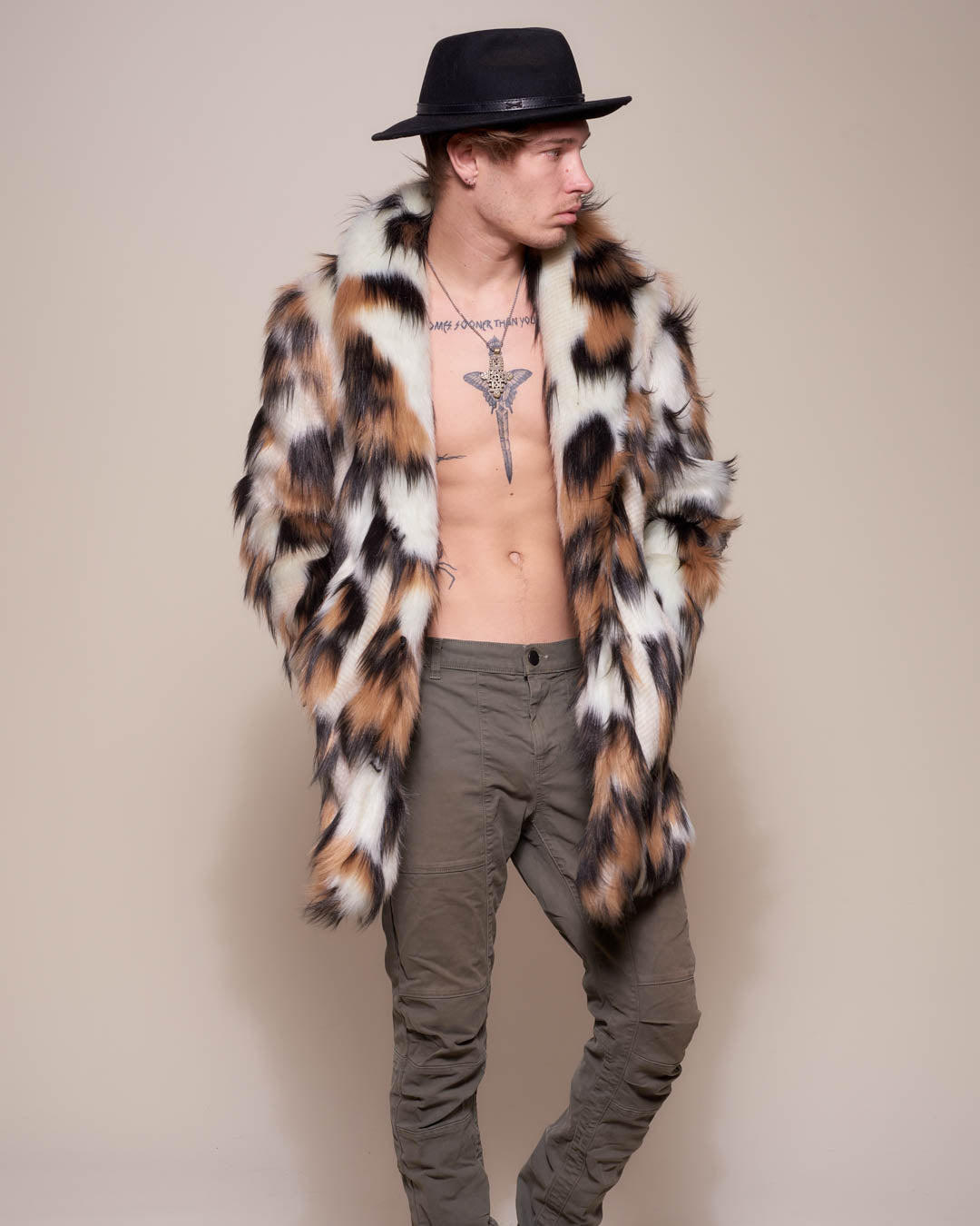 Man wearing Manx Cat Collared Faux Fur Coat, front view