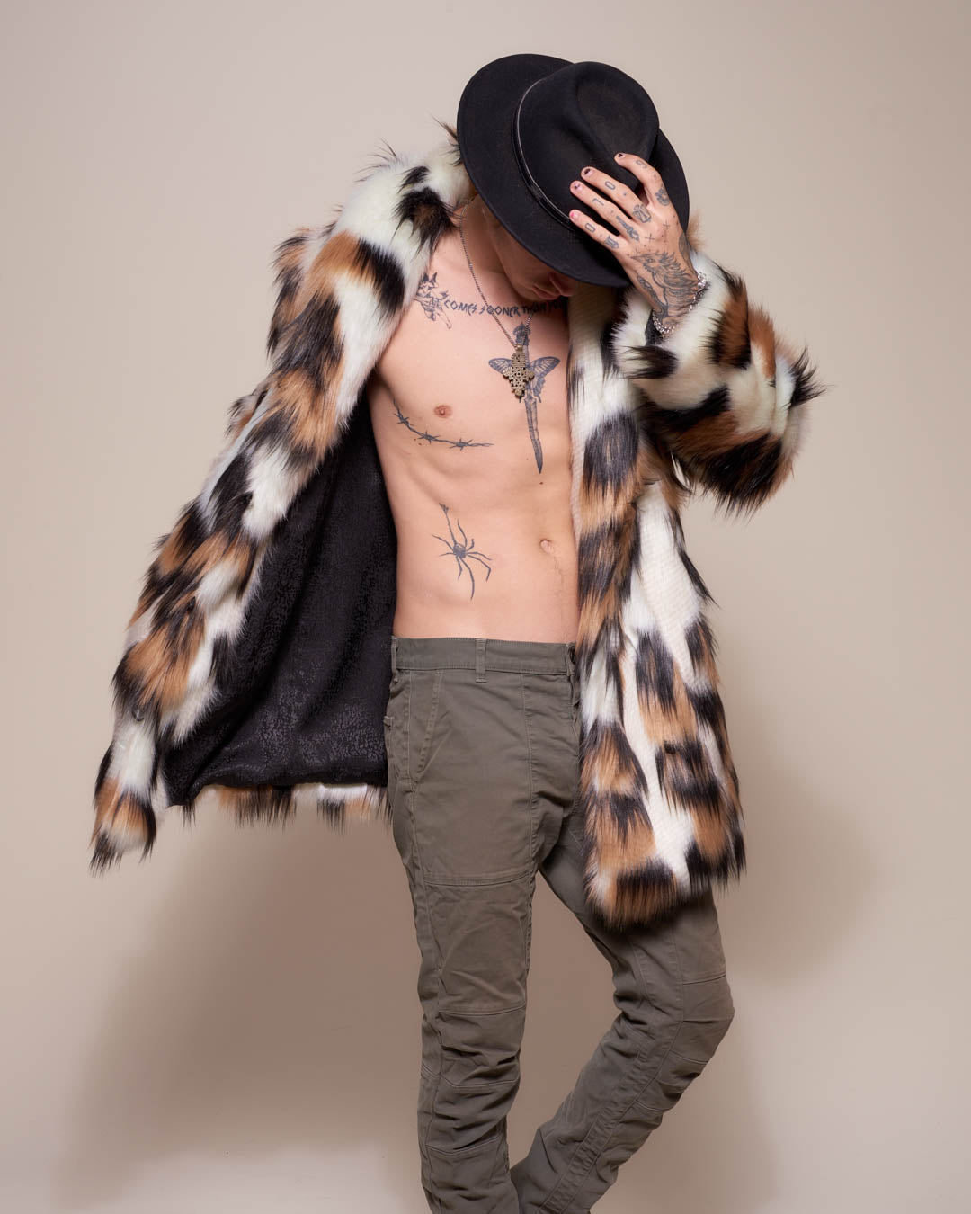 Man wearing Manx Cat Collared Faux Fur Coat, side view