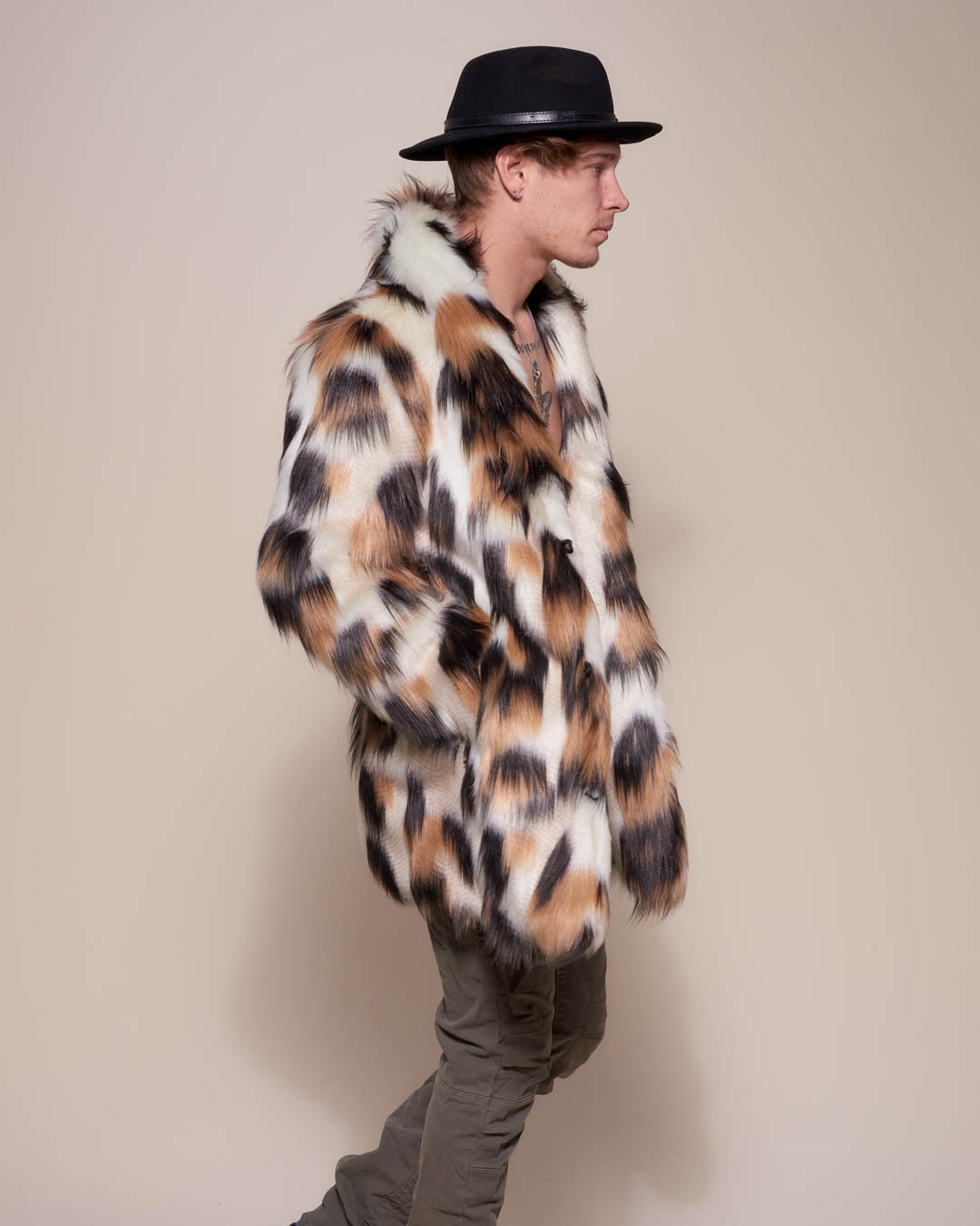 Man wearing Manx Cat Collared Faux Fur Coat, side view 2