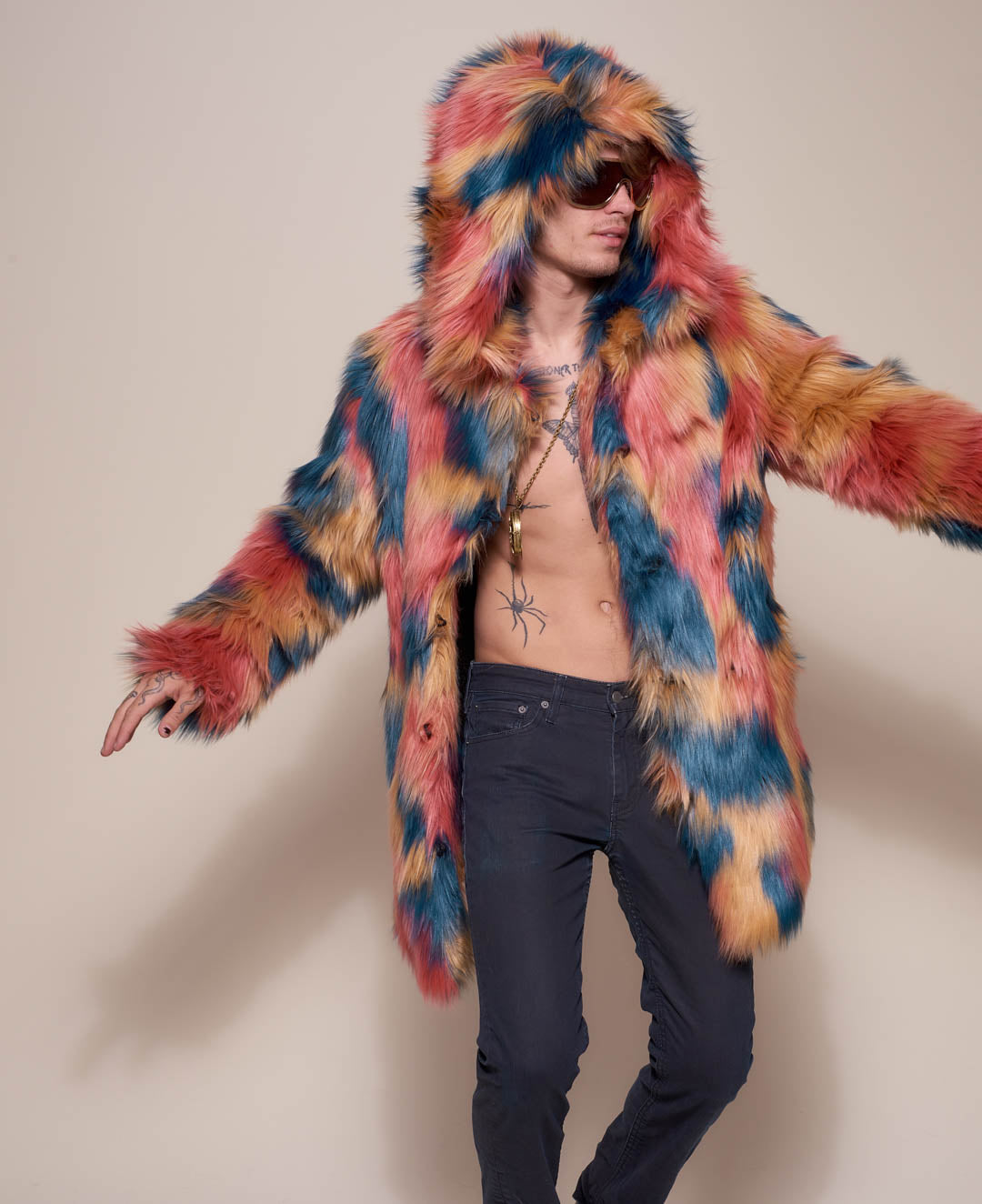 Man wearing American Swallow Hooded Faux Fur Coat, front view 3