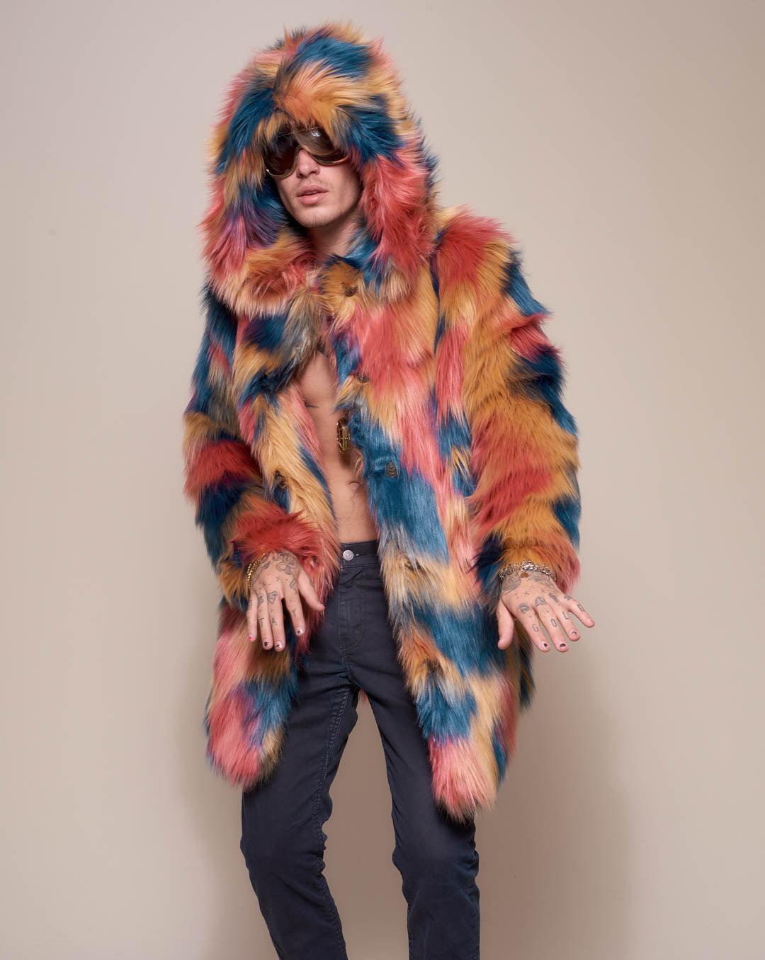 Man wearing American Swallow Hooded Faux Fur Coat, front view 1
