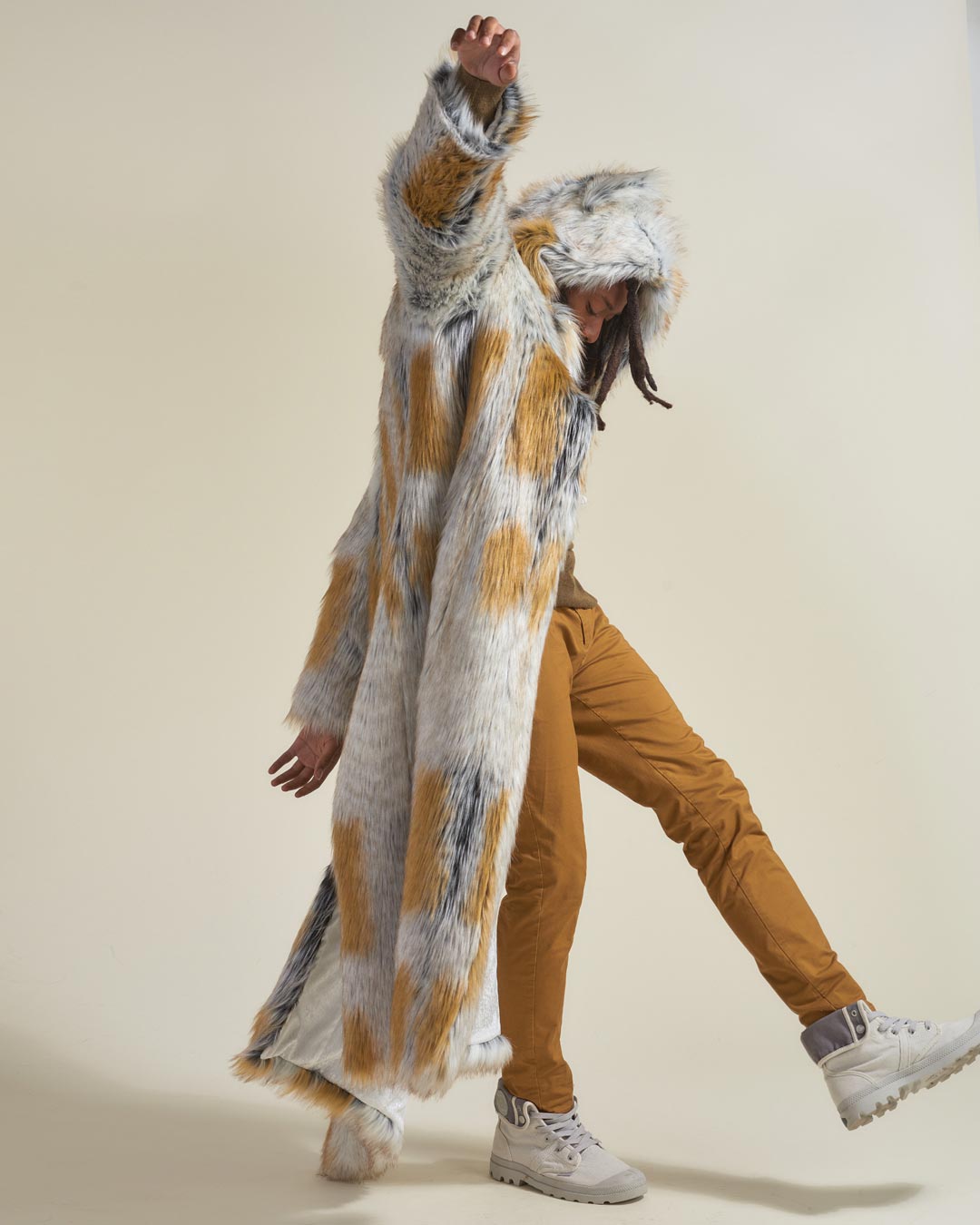 Man wearing Arctic Fox Classic Faux Fur Long Coat, side view 1