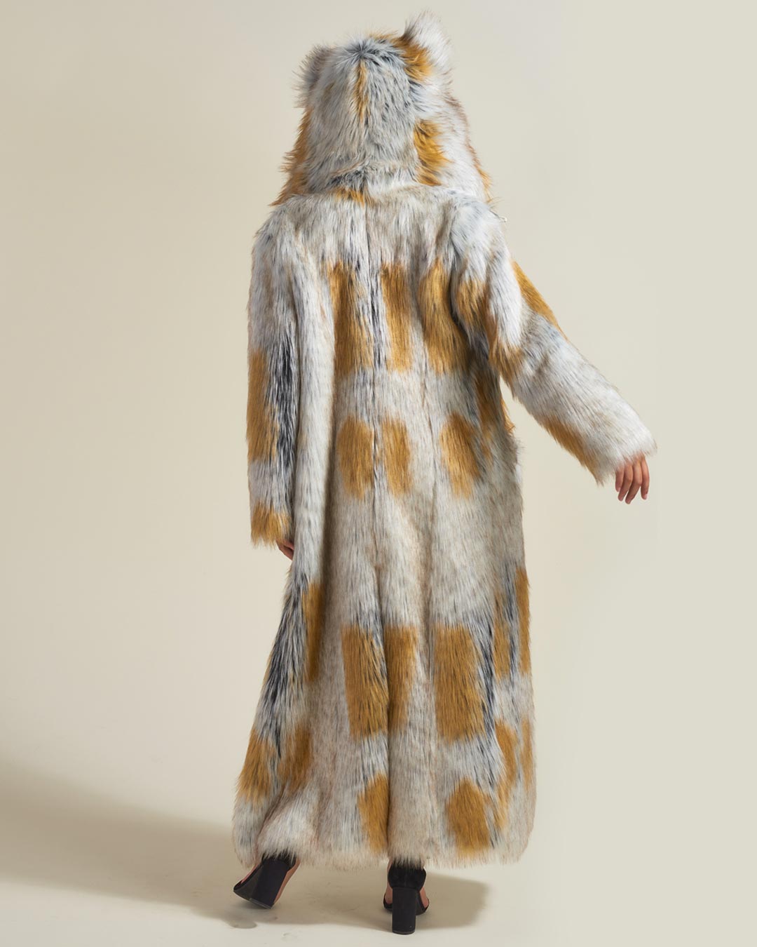 Woman wearing Arctic Fox Classic Faux Fur Long Coat, rear view 1