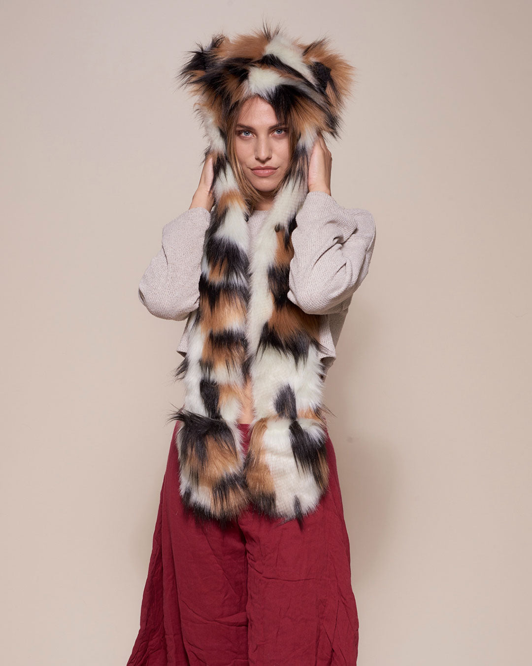 Manx Cat Faux Fur Hood  on Female Model