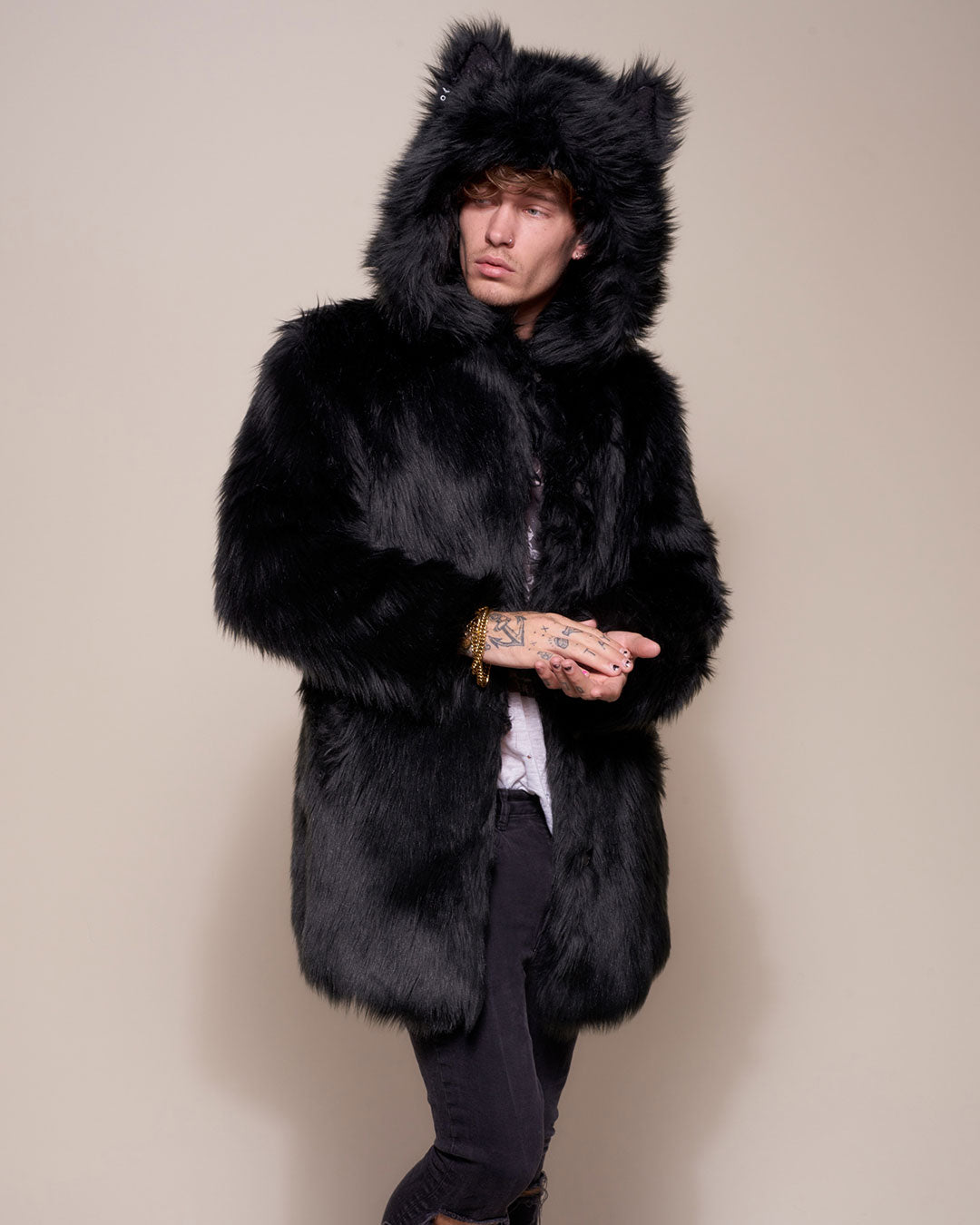 Man wearing Black Wolf Classic Faux Fur Coat, side view 1