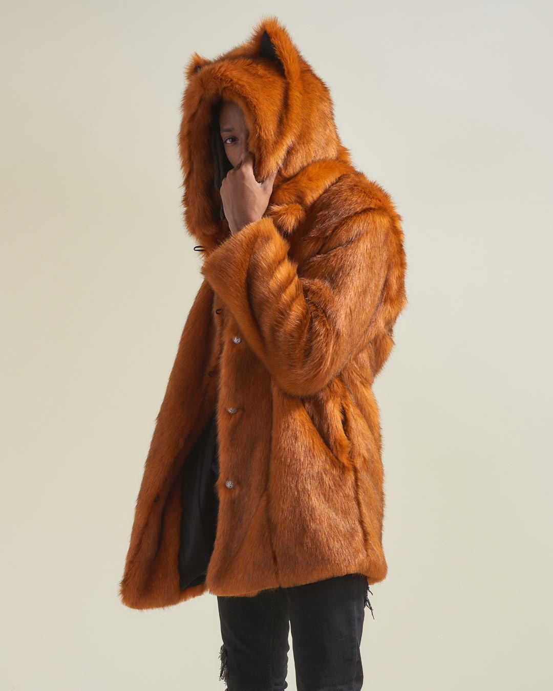 Man wearing Artist Edition VAMP Wolf Faux Fur Coat, side view 3