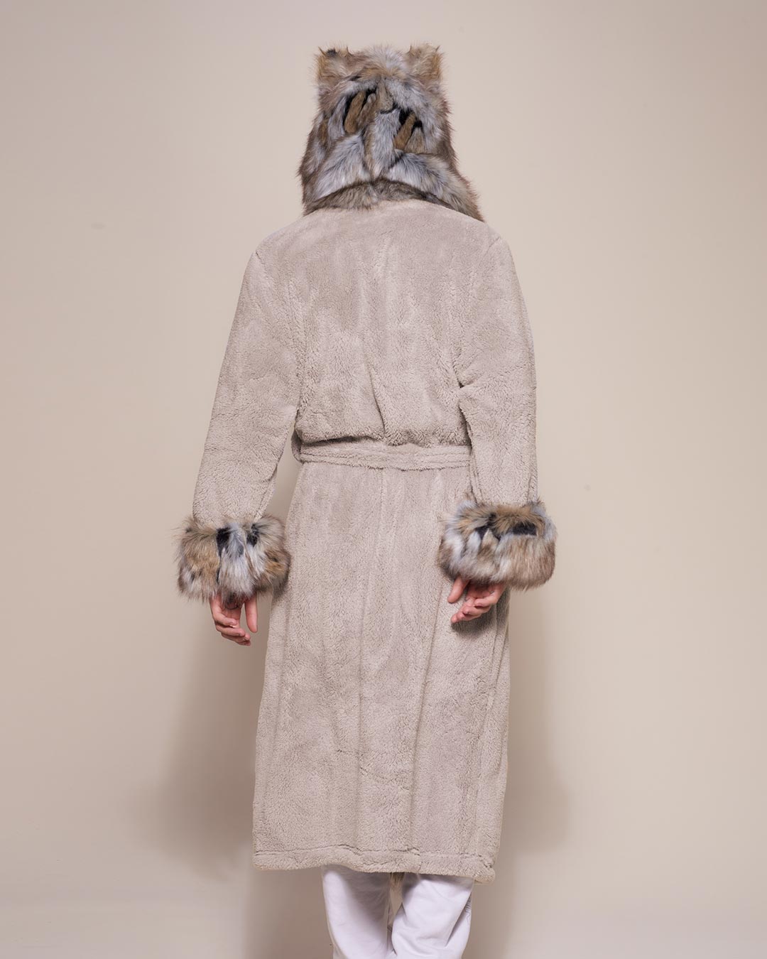 Back View of Wolverine Classic Faux Fur Robe with hood on Man
