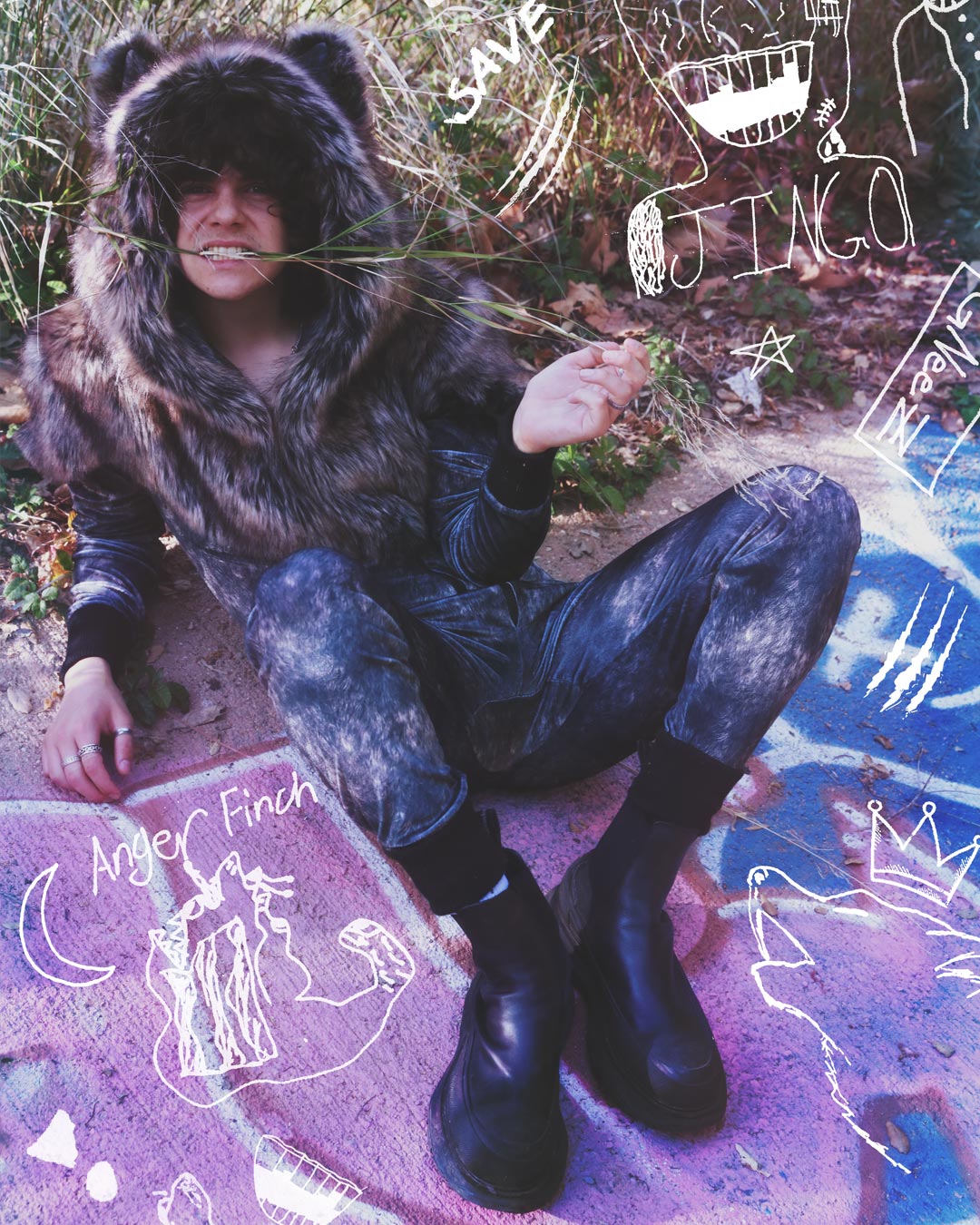 Man wearing Grazer Wolf Artist Edition Faux Fur Animal Onesie, front view 8