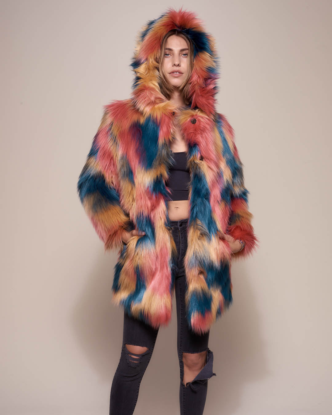 American Swallow Faux Fur Coat with Hood on Female
