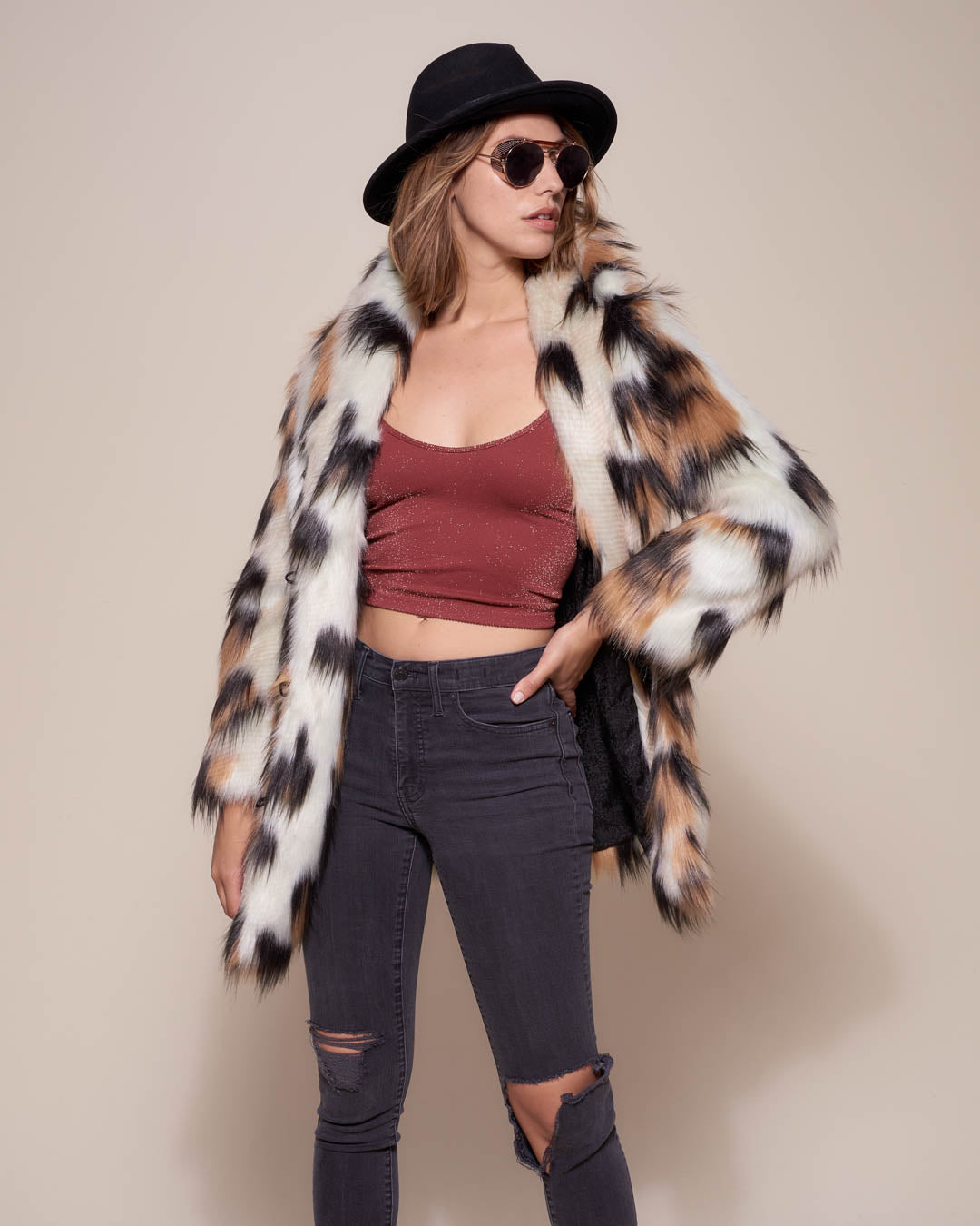 Faux Fur Coat with Collar on Woman with Manx Cat Design
