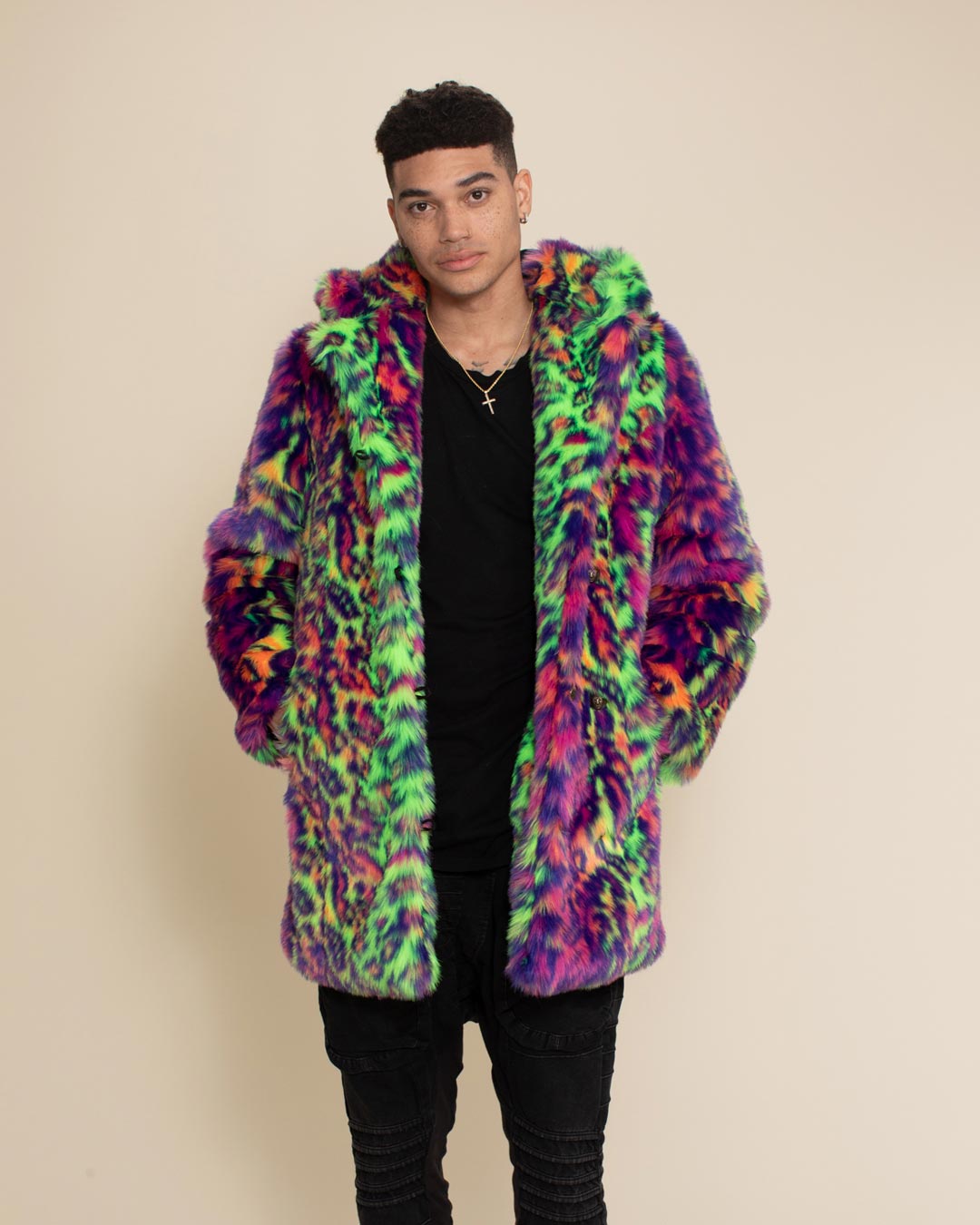 Neon Disco Cat Classic Faux Fur Coat | Men&#39;s