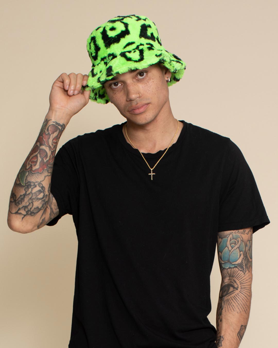 Men's Neon Green Leopard Faux Fur Bucket Hat | Wild Style - SpiritHoods