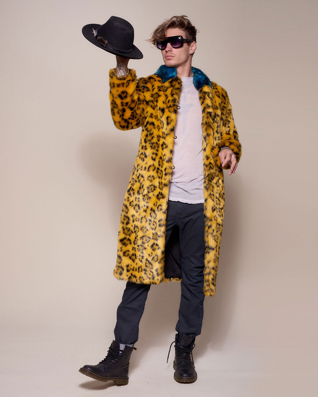 Yellow Cheetah Calf Length Collared Faux Fur Coat 