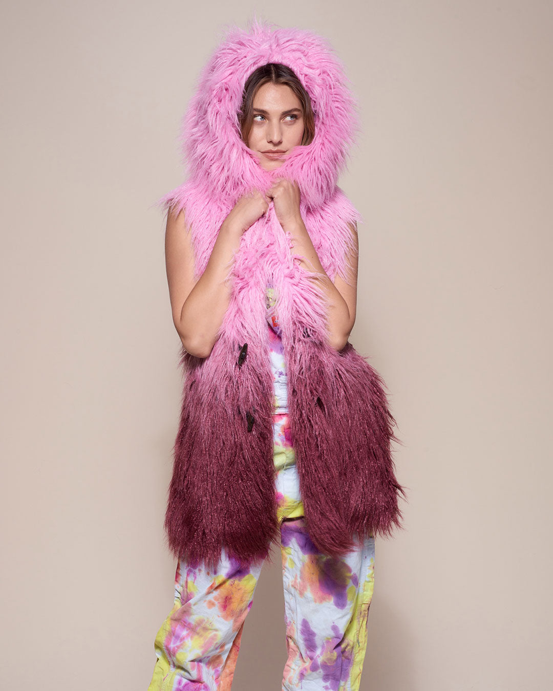 Pink Ombre Vest Hooded Faux Fur on Woman