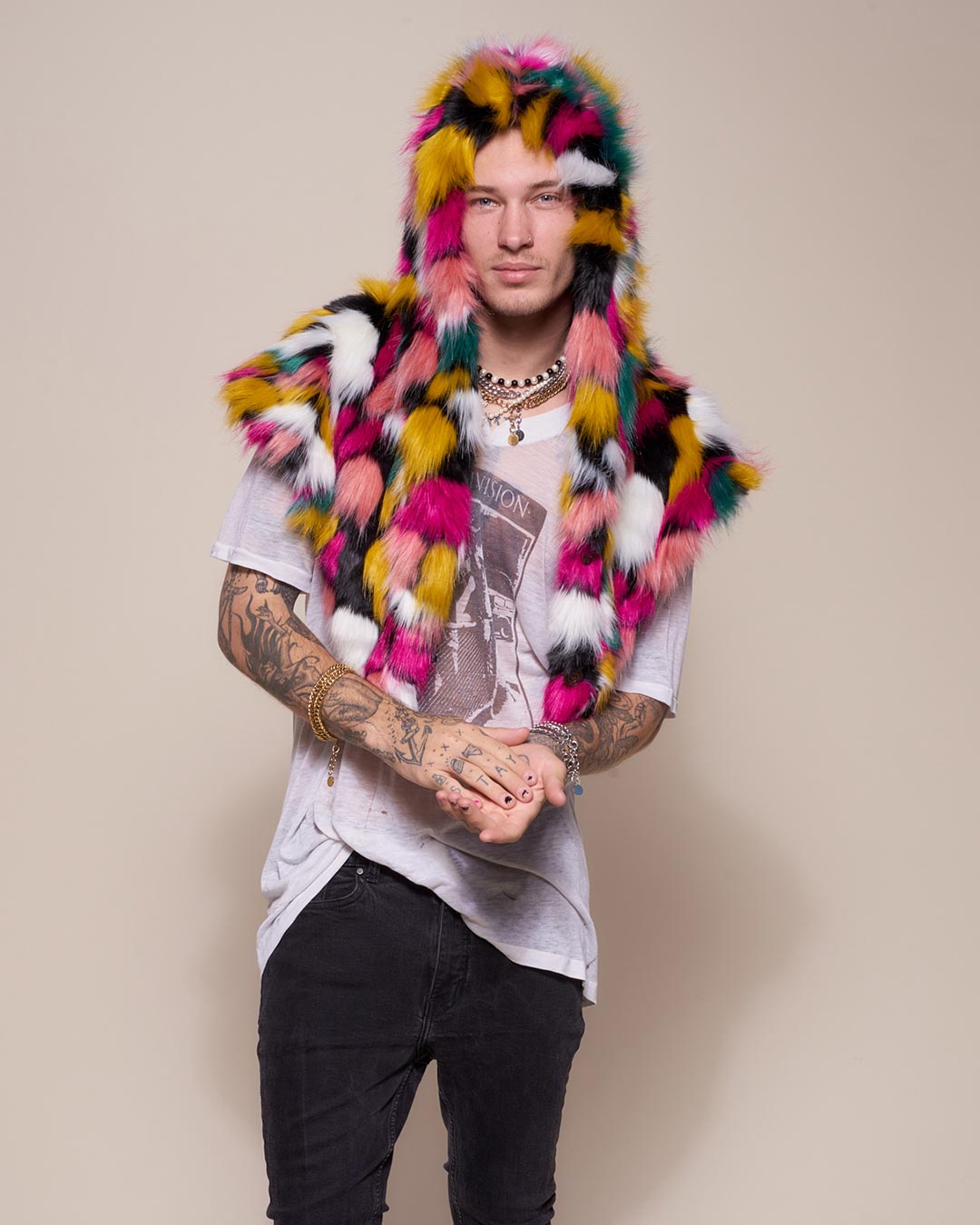 Man wearing Rainbow Butterfly Hooded Faux Fur Shawl, front view 2