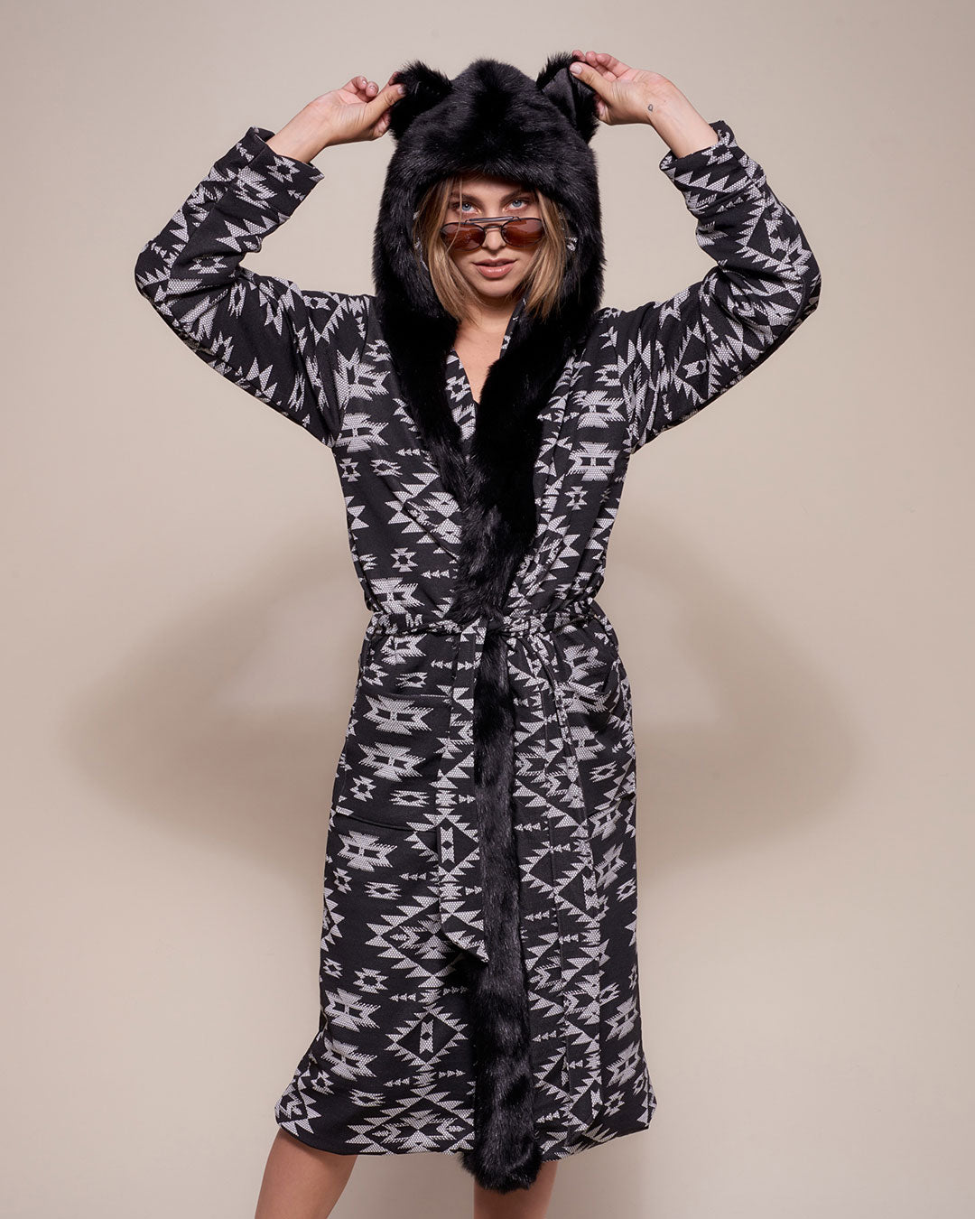 Woman wearing Santa Fe Wolf Classic Faux Fur Style Robe, front view 1