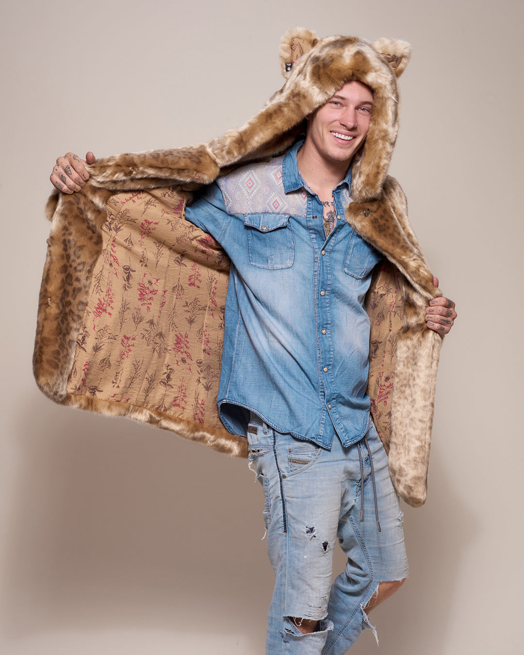 Man wearing African Golden Cat Luxe Classic Faux Fur Coat, front view 3