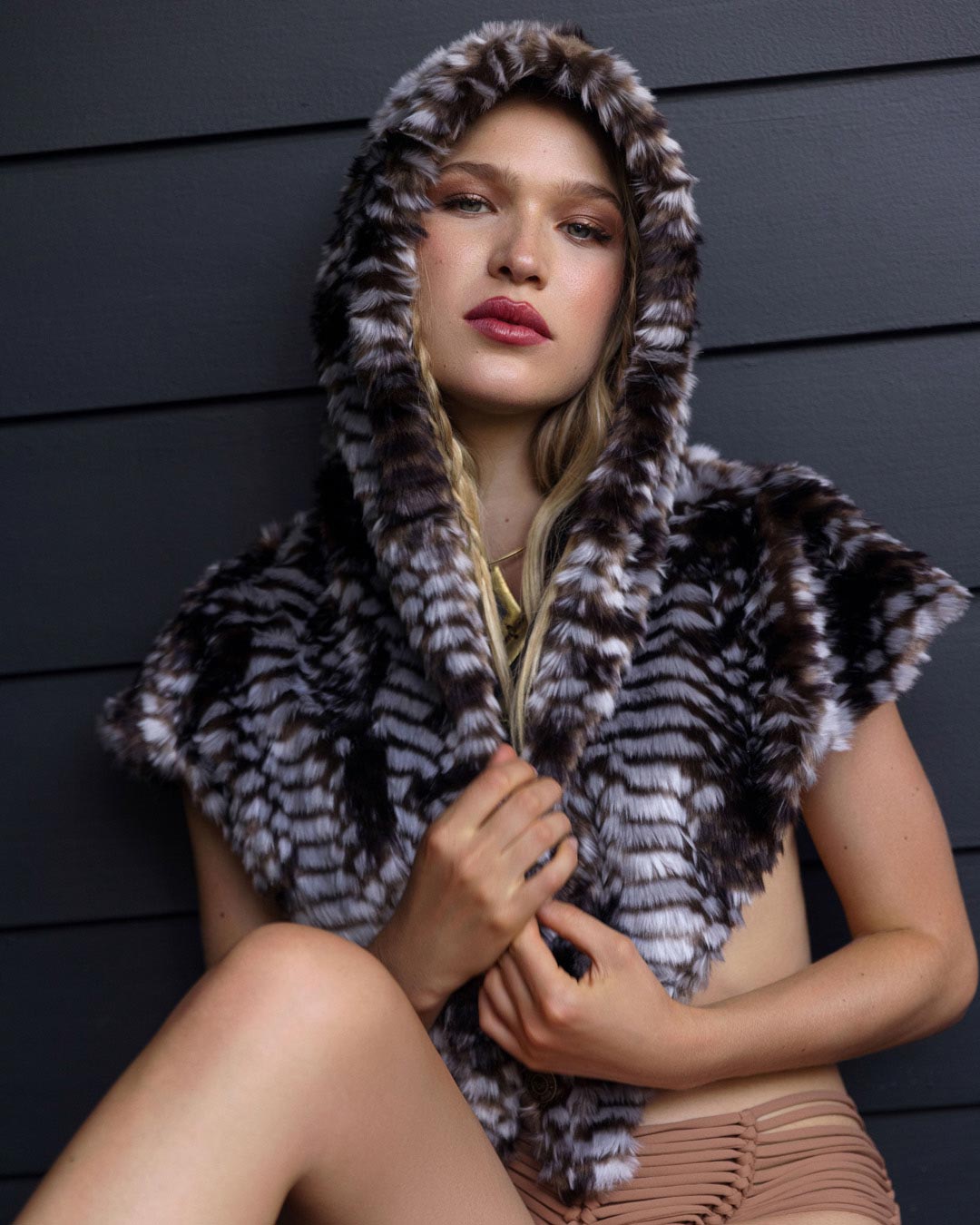 Grey and Black Viper Collector Edition Faux Fur Shawl on Female