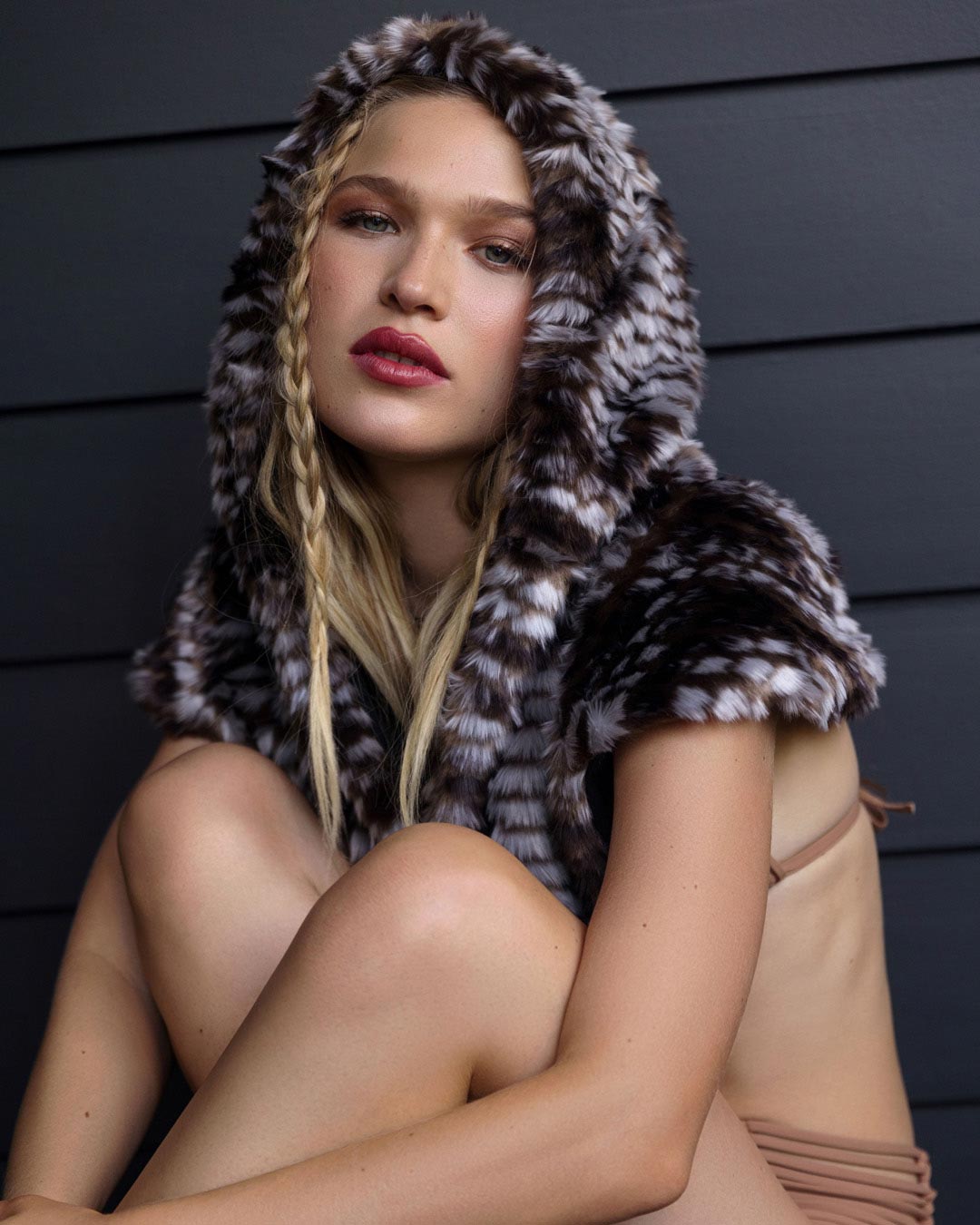 Female Wearing Viper Collector Edition Faux Fur Shawl 