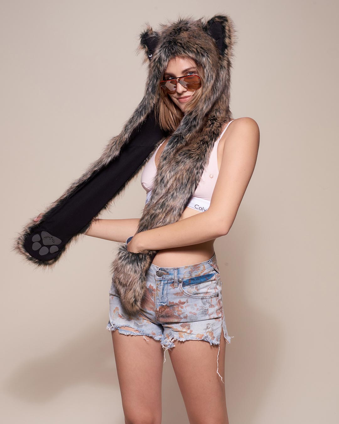 Woman wearing Dire Wolf Faux Fur Hood, side view
