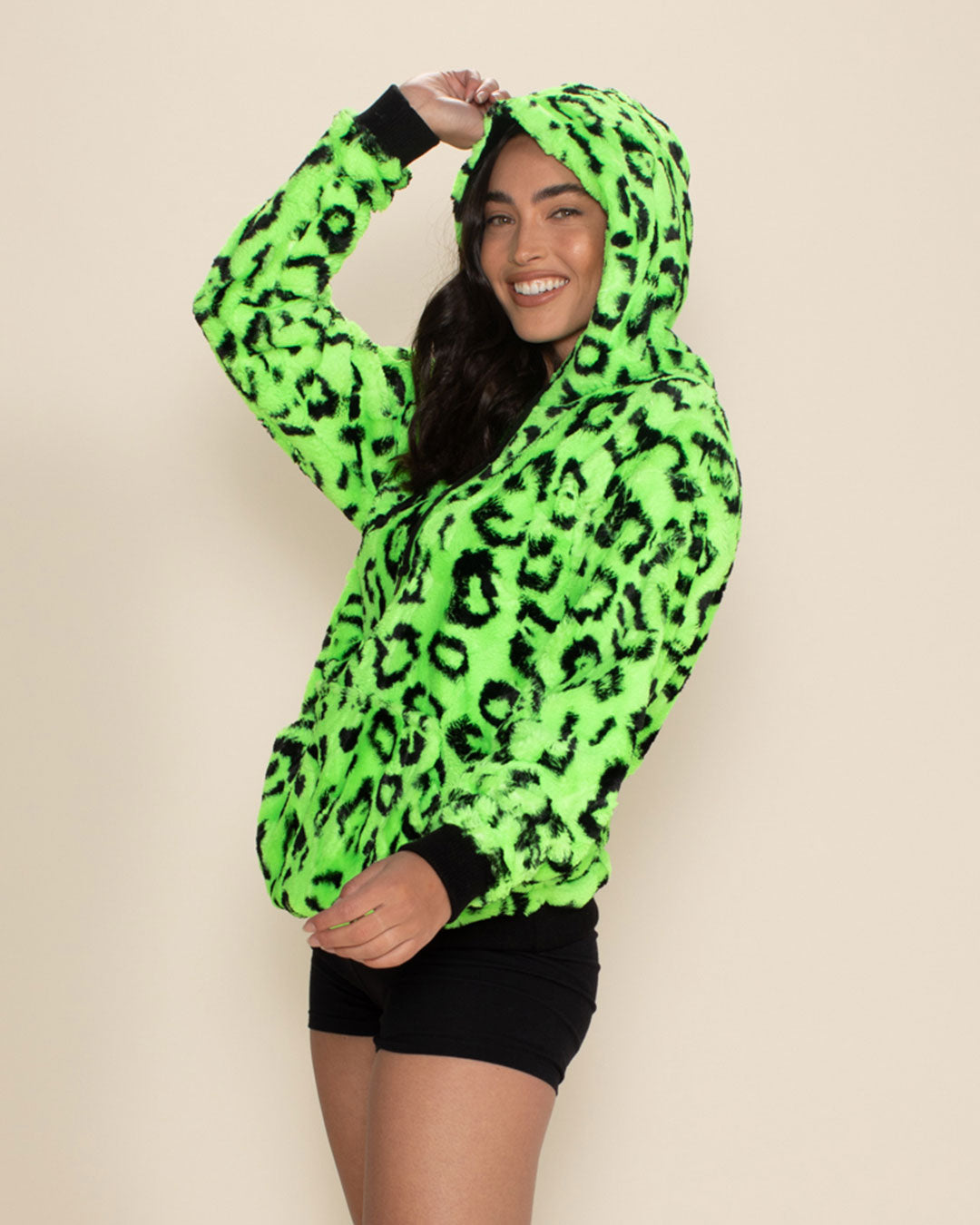 Neon Green Leopard Hooded ULTRA SOFT Faux Fur Hoodie | Women&#39;s