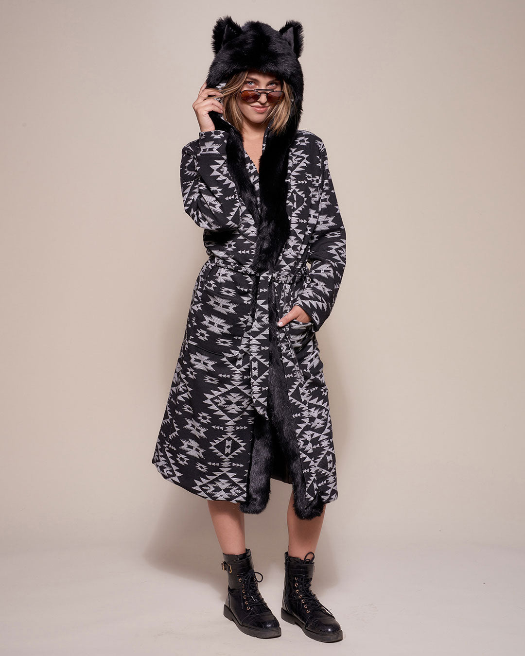 Woman wearing Santa Fe Wolf Classic Faux Fur Style Robe, front view