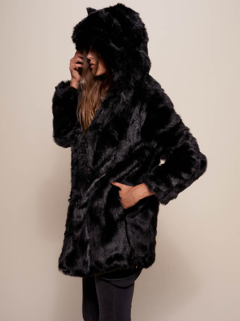 Woman wearing Black Panther Classic Faux Fur Coat, side view 1
