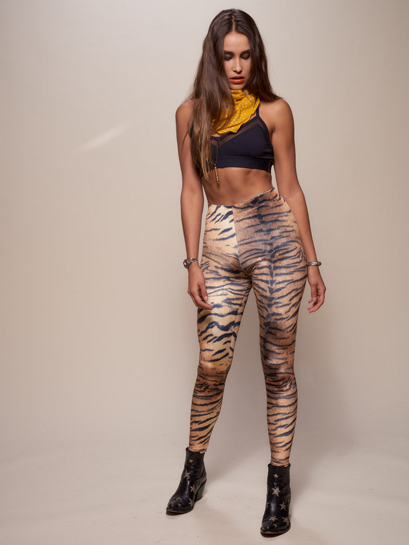 Brunette Model Wearing Women's Velvet Tiger Leggings