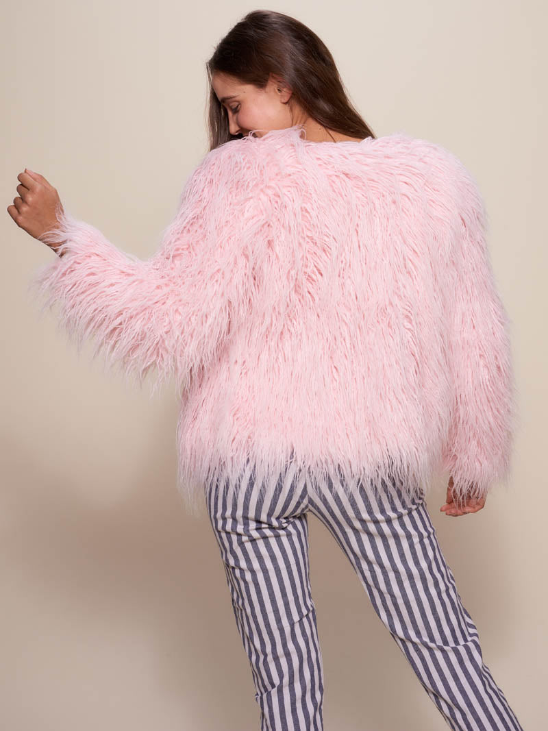 Woman wearing Flamingo Faux Fur Bomber, back view