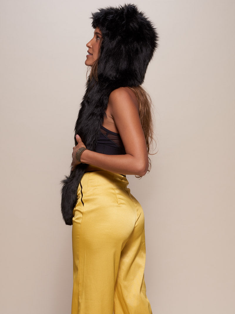 Woman wearing Black Wolf Faux Fur Hood, side view 2