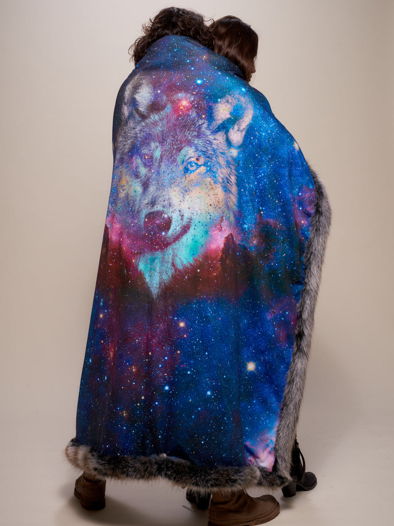Wolf Galaxy Faux Fur Throw Wrapped Around Male and Female Models
