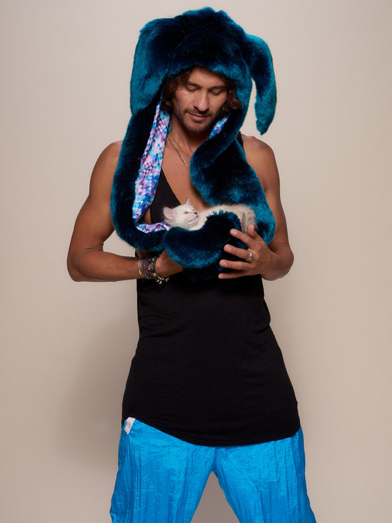 Man wearing faux fur Royal Rabbit Luxe Collector Edition SpiritHood, front view 1