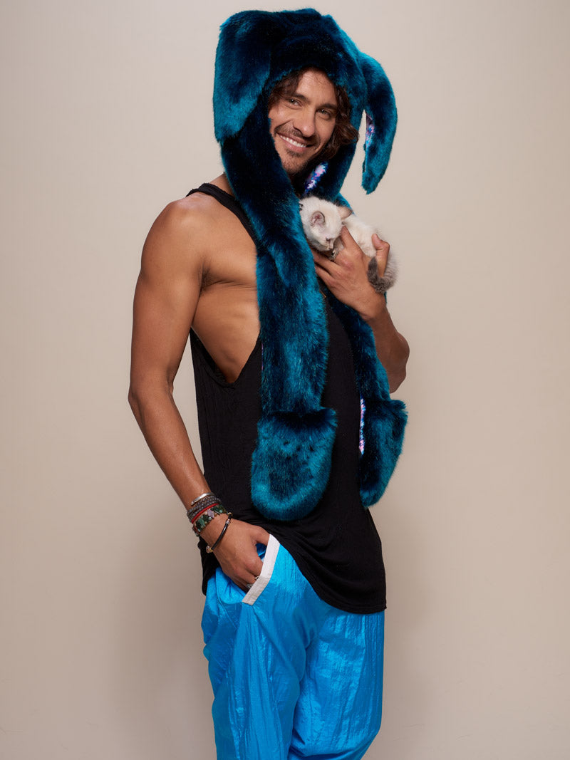 Man wearing faux fur Royal Rabbit Luxe Collector Edition SpiritHood, side view 2