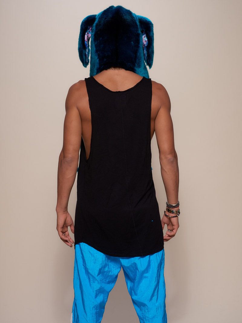 Man wearing faux fur Royal Rabbit Luxe Collector Edition SpiritHood, back view