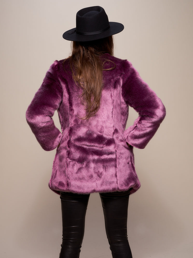 Back View of Lavender Wolf V-Neck Luxe Faux Fur Coat 