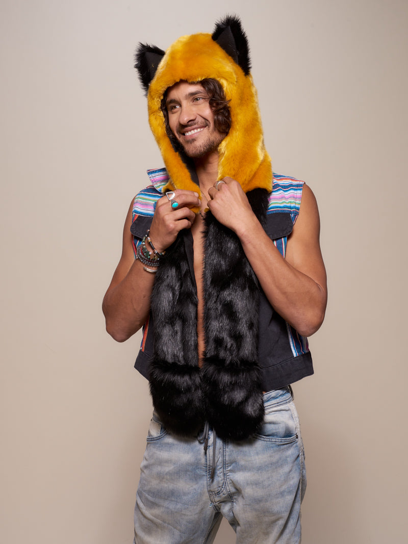 Man wearing Collector Edition Golden Wolf Luxe Faux Fur SpiritHood, front view