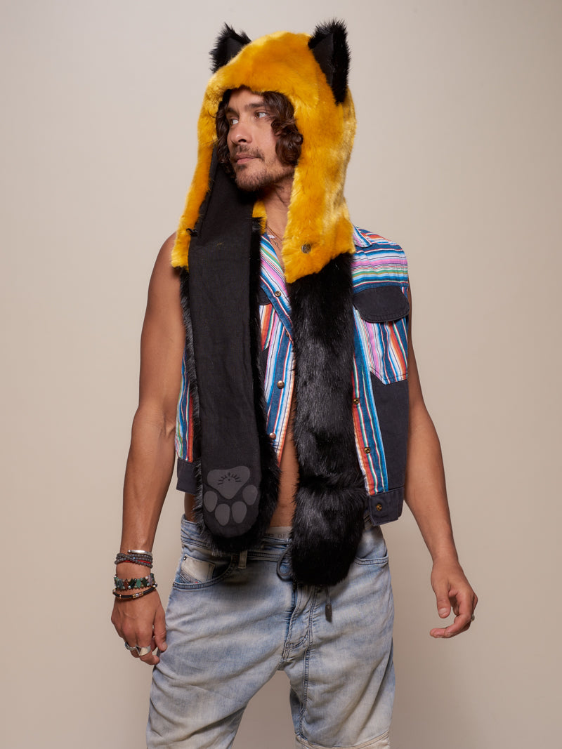Man wearing Collector Edition Golden Wolf Luxe Faux Fur SpiritHood, side view 1