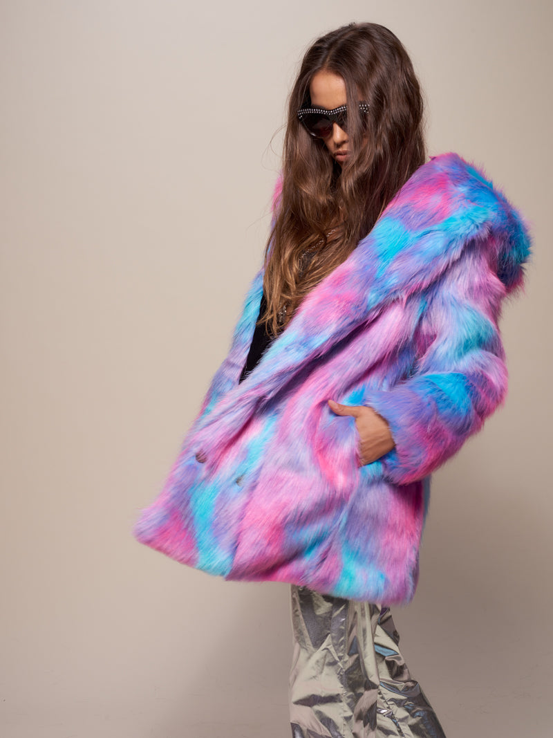 Side View of Classic Cotton Candy Bear Faux Fur Coat with Hood on Woman