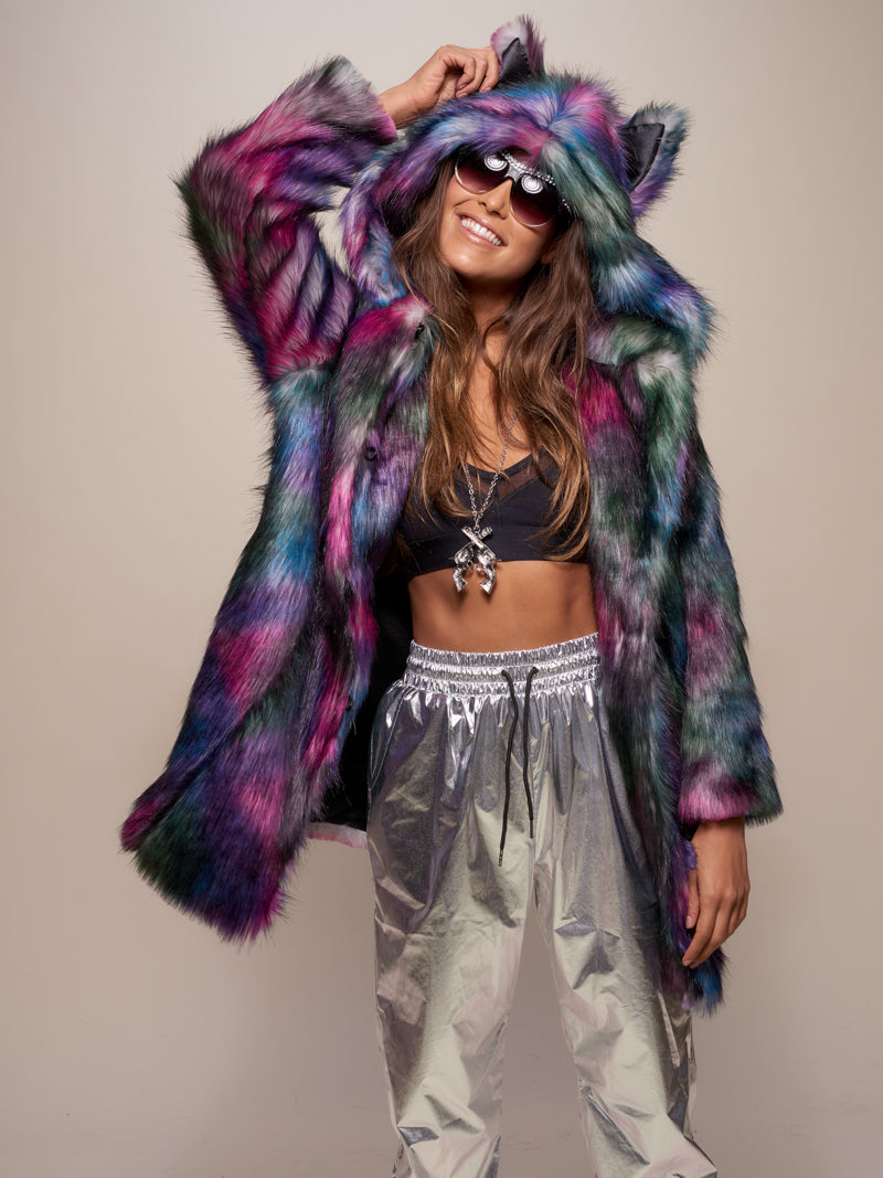 Woman wearing Classic Disco Wolf Faux Fur Coat