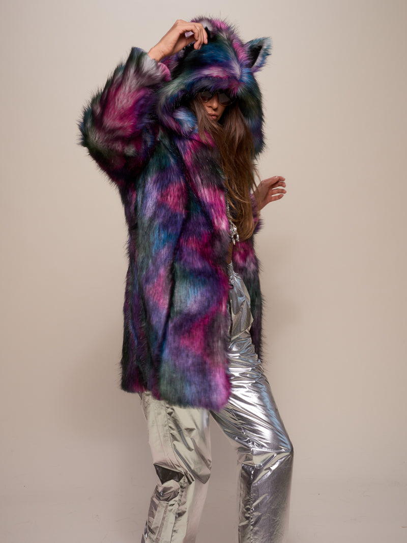 Woman wearing Classic Disco Wolf Faux Fur Coat, side view 1