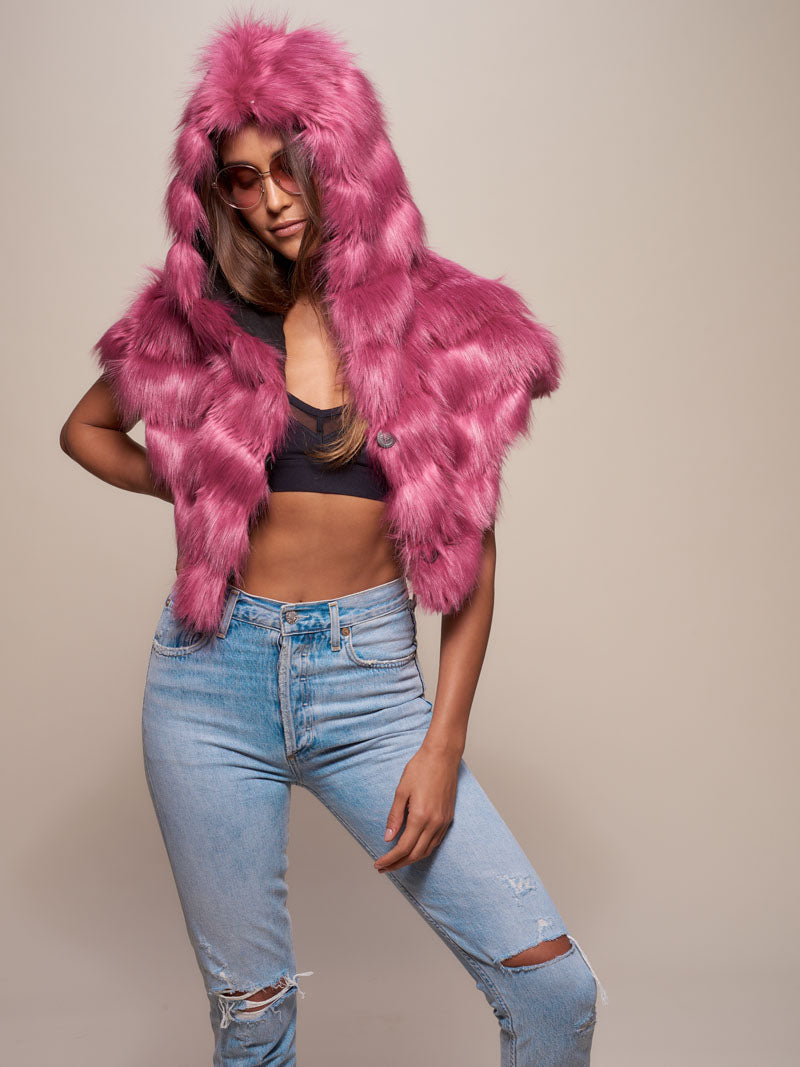 Woman Wearing Limited Edition Rose Finch Faux Fur Shawl with Hood