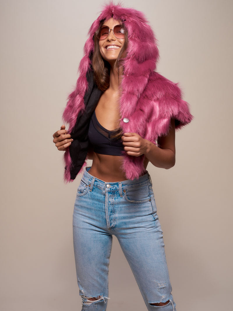 Hooded Limited Edition Rose Finch Faux Fur Shawl on Woman