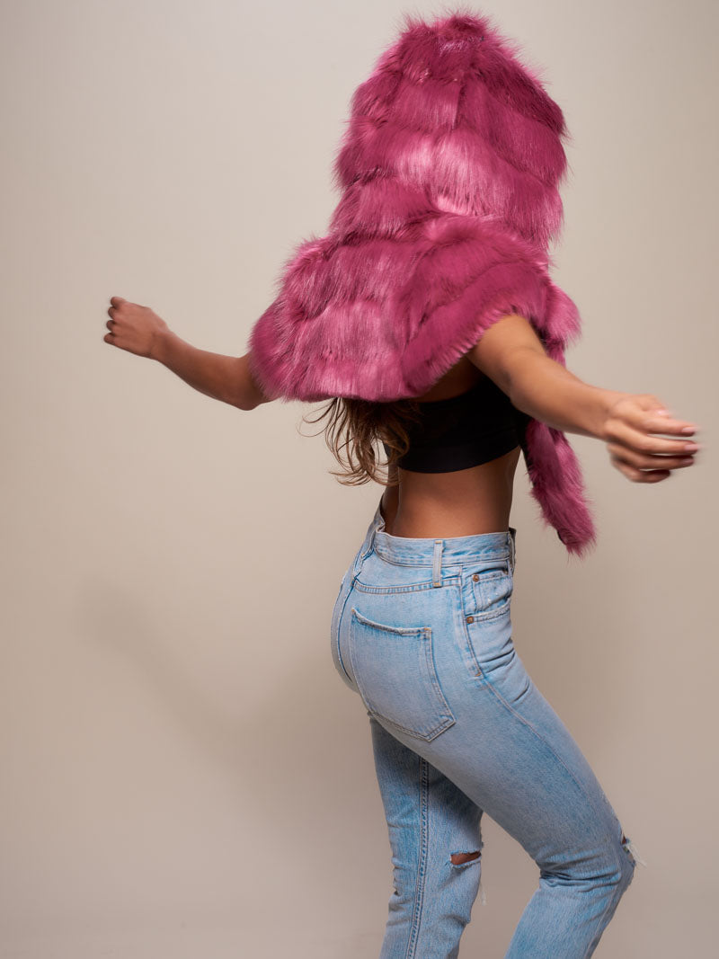 Back View of Limited Edition Rose Finch Faux Fur Shawl on Female Model