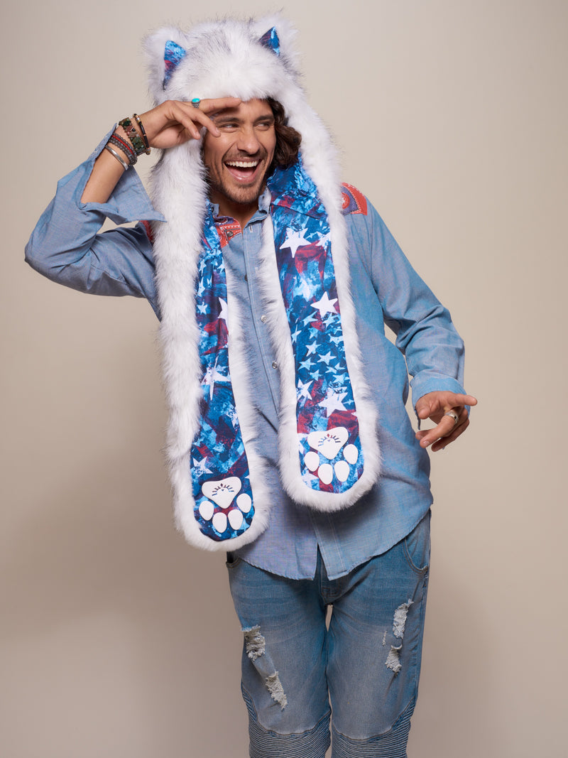 Man wearing faux fur Husky America Collector Edition SpiritHood, front view 2