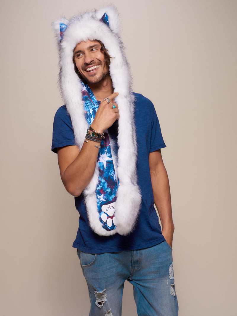 Man wearing faux fur Husky America Collector Edition SpiritHood, front view